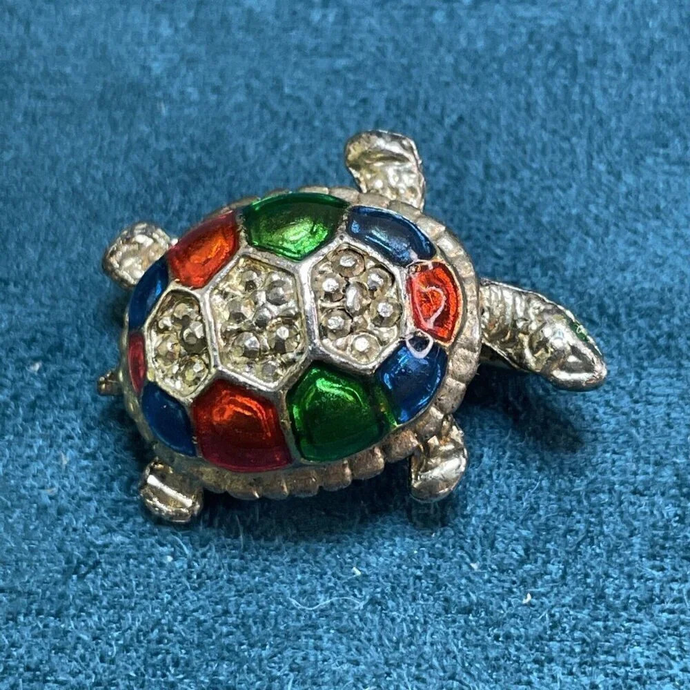Vintage Costume Jewelry Turtle Brooch Enamel with Rhinestones Gold Tone